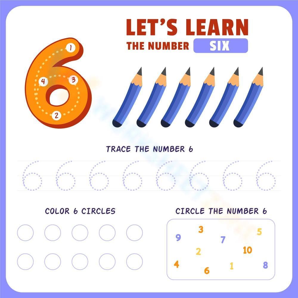 Number 6 Worksheet: Trace, Count & Find the Sixes - Page 1