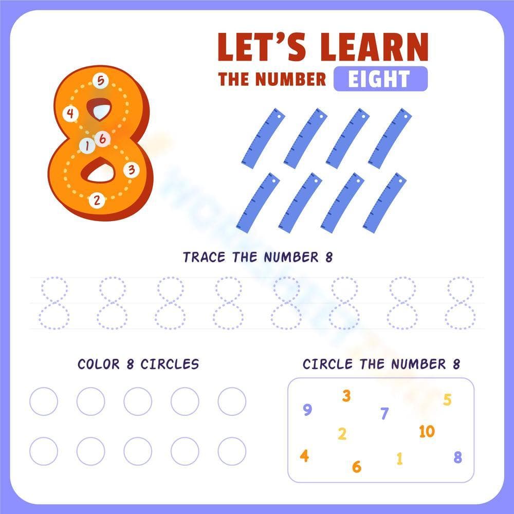Let’s Learn the Number 8: Tracing and Counting Fun Worksheet - Page 1