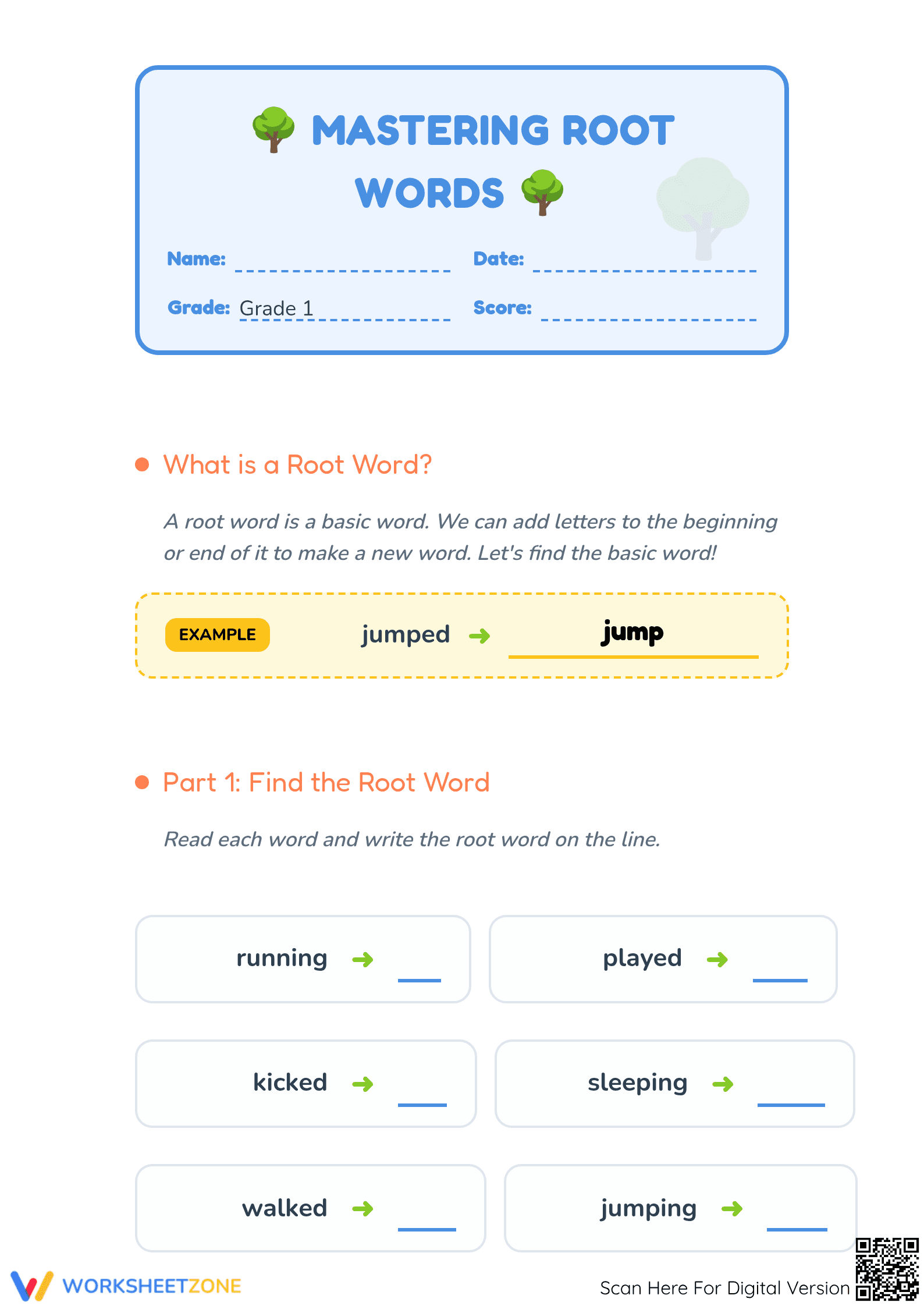 Printable Root Words Worksheet | Grade 1 ELA Mastery - Page 1