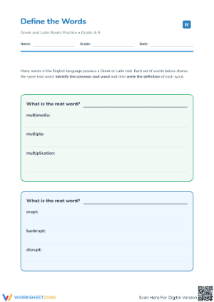 Greek and Latin Roots Worksheet for Grade 4-5: Essential