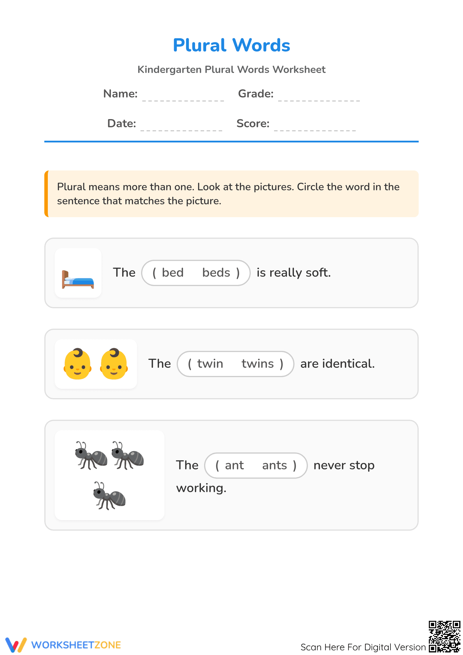 Kindergarten Plural Words Worksheet | Essential Practice - Page 1