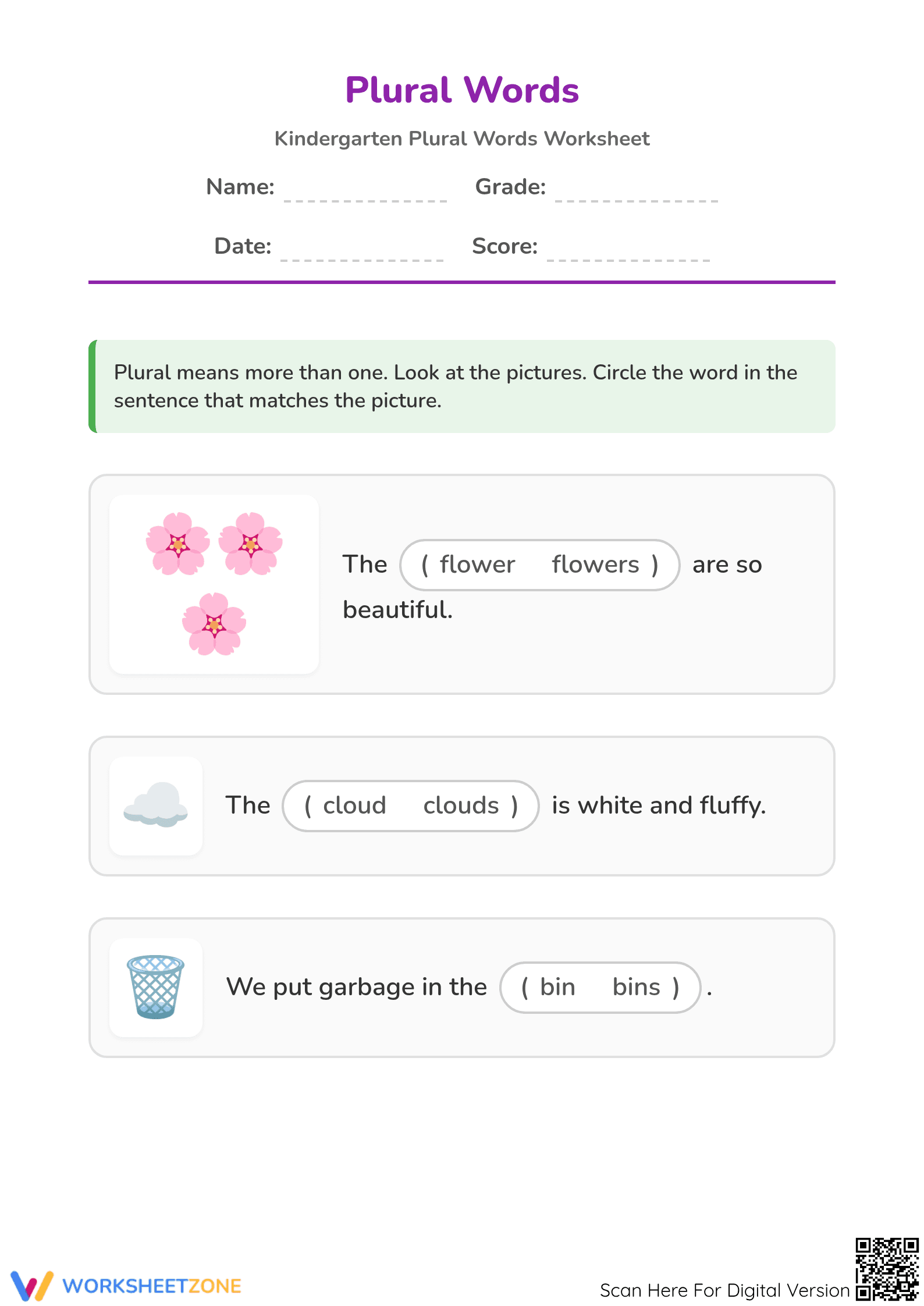 Printable Plural Words Worksheet | Grade K Essential - Page 1