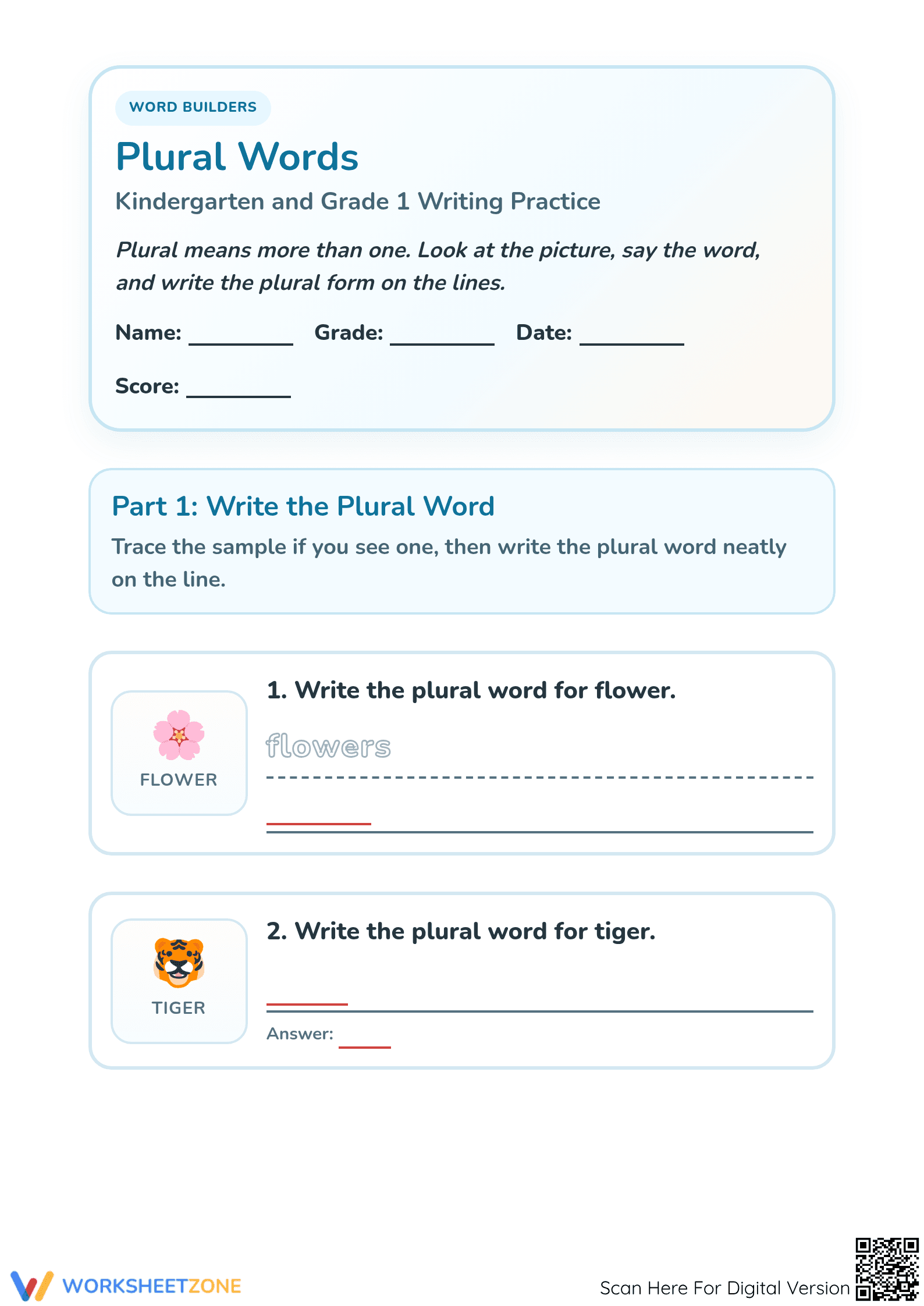 Essential Plural Words Worksheet | Grade 1 ELA - Page 1