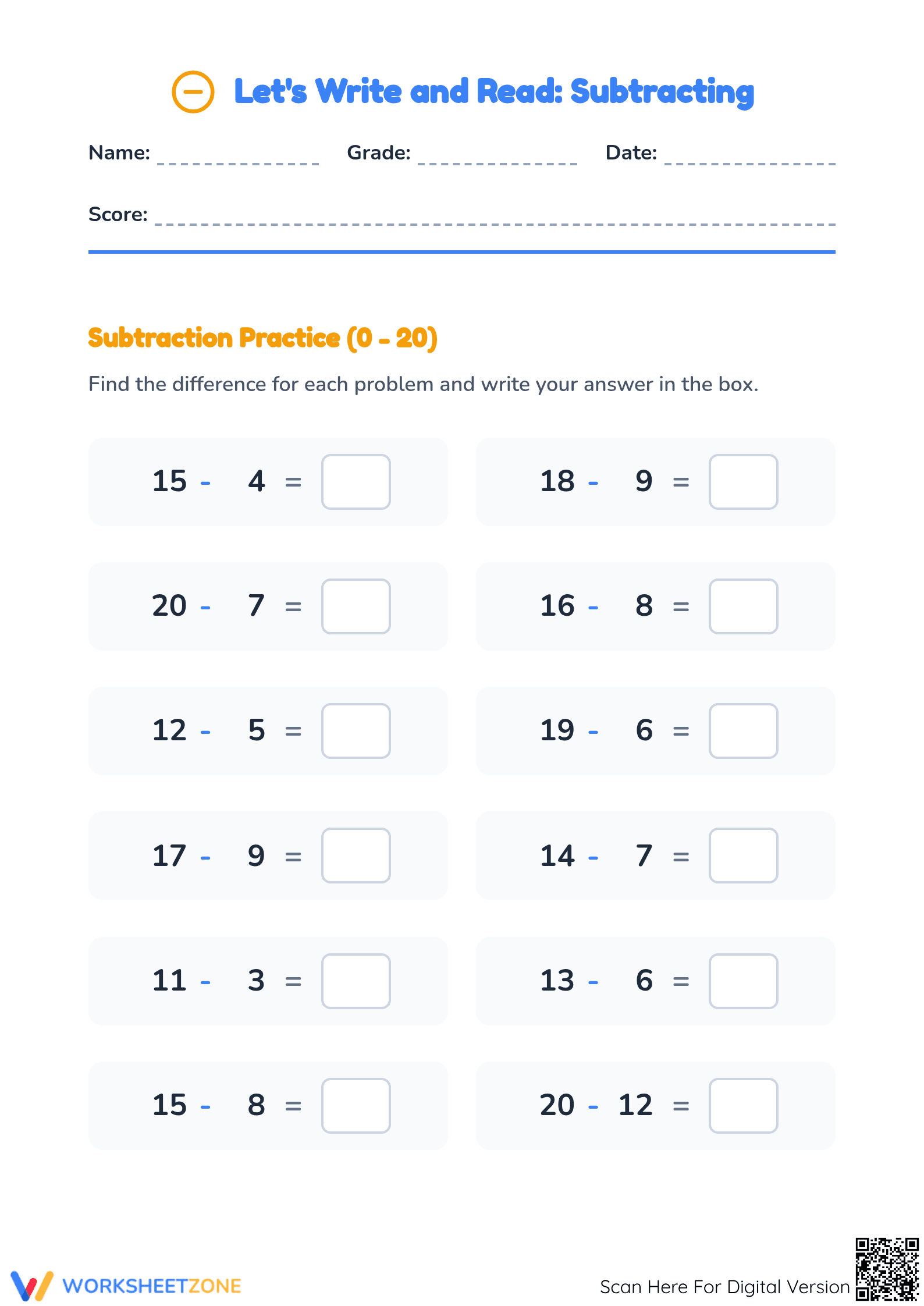 Essential Subtraction 0-20 Worksheet | Grade 1 Math - Page 1