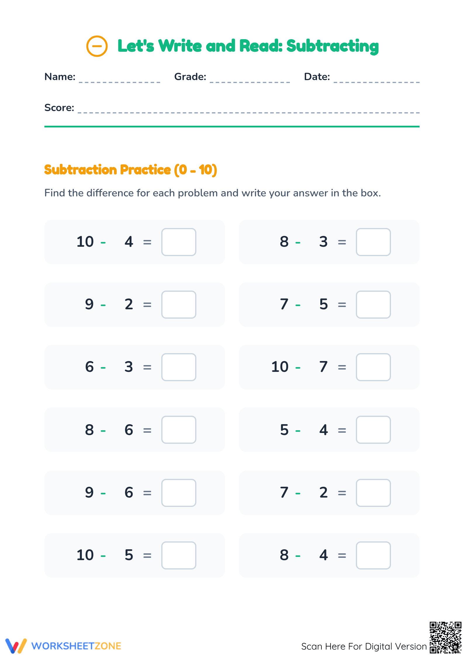 Subtraction 0-10 Worksheet | Grade 1 Essential Practice - Page 1