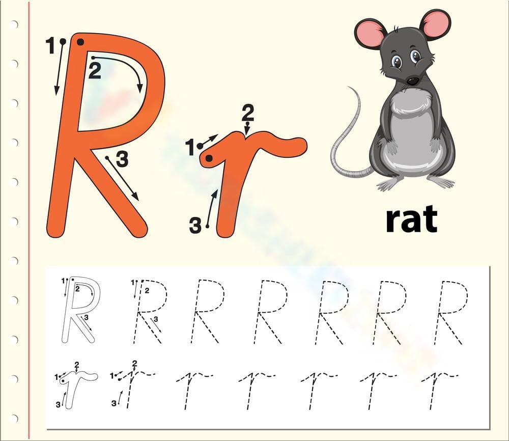 Letter R Writing Practice with Rat Picture - Page 1