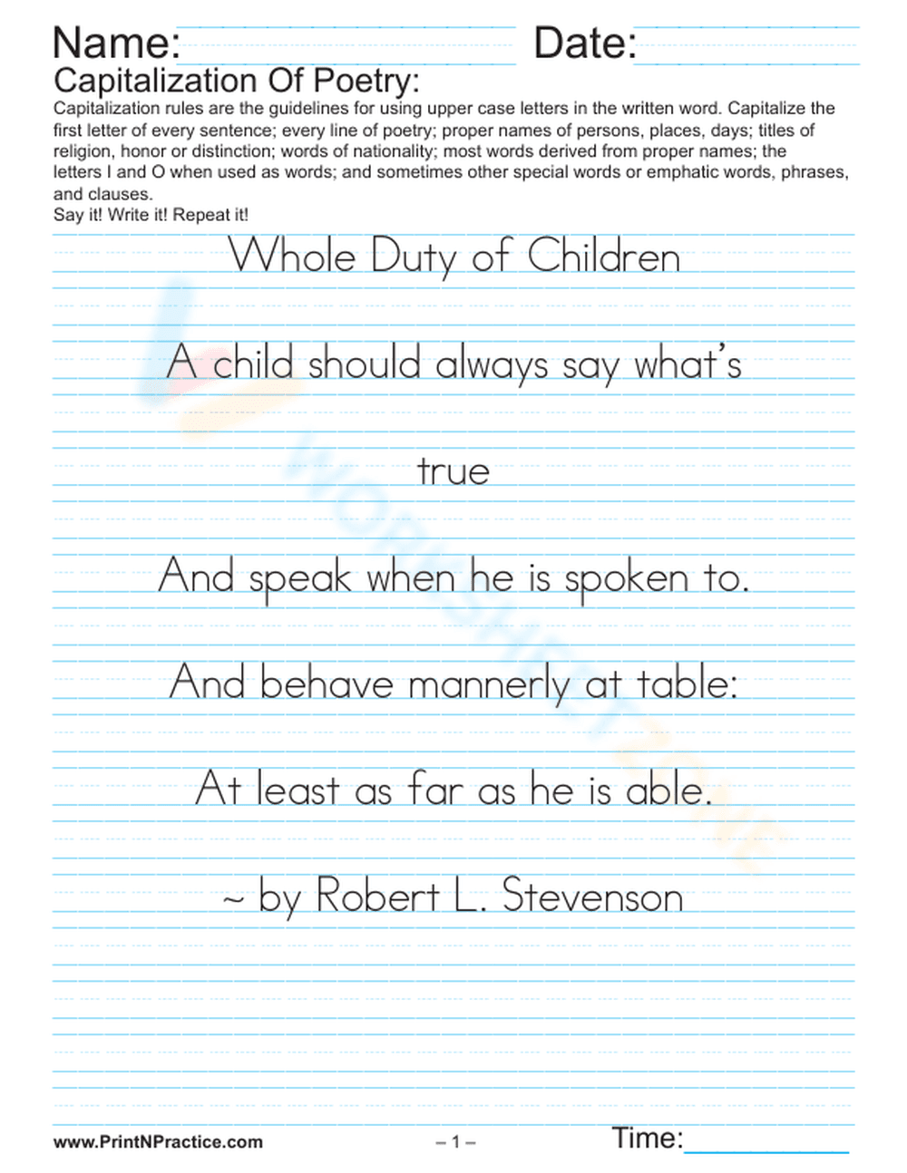 Poetry Writing Practice Worksheet - Page 1