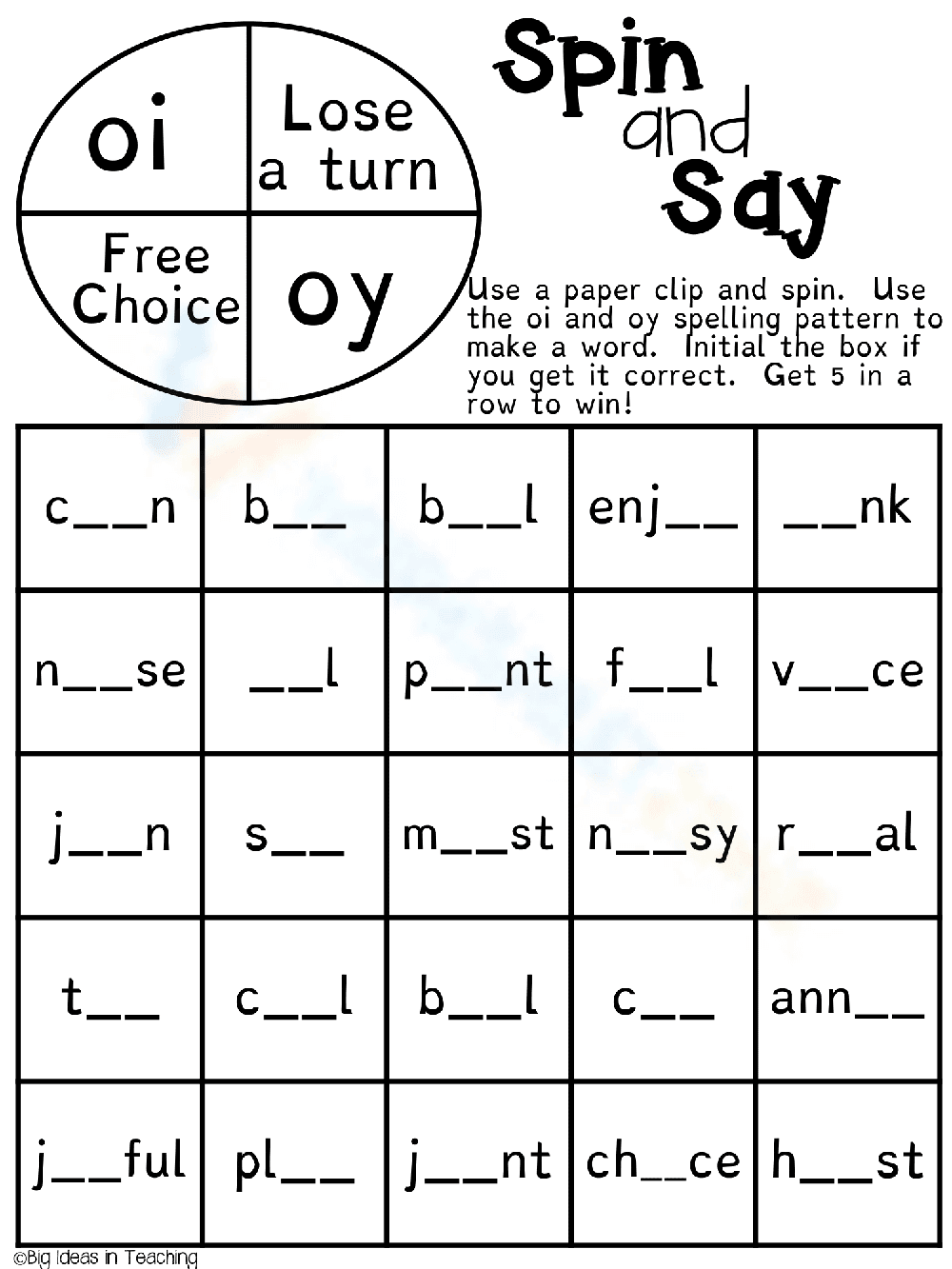 Spin and Say OI and OY Word Game Worksheet - Page 1