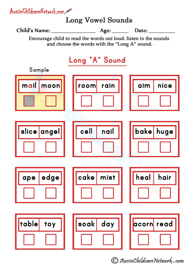 Phonics Worksheet for Long A Sound
