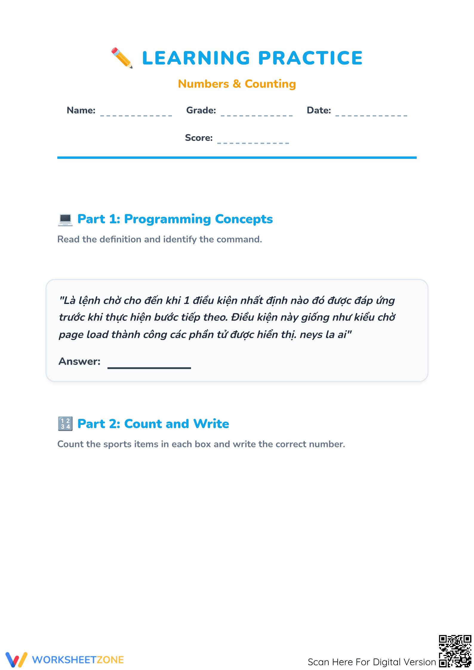 Printable Numbers & Counting Math Worksheet | Grade 1-2 - Page 1