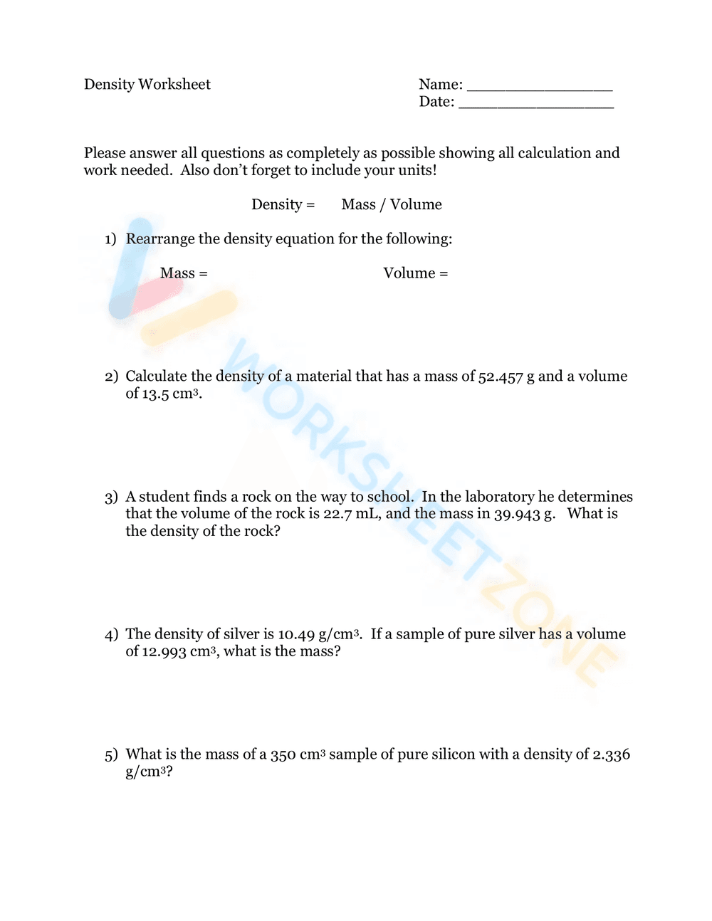 Essential Density Calculations Worksheet | Grade 6-7 - Page 1