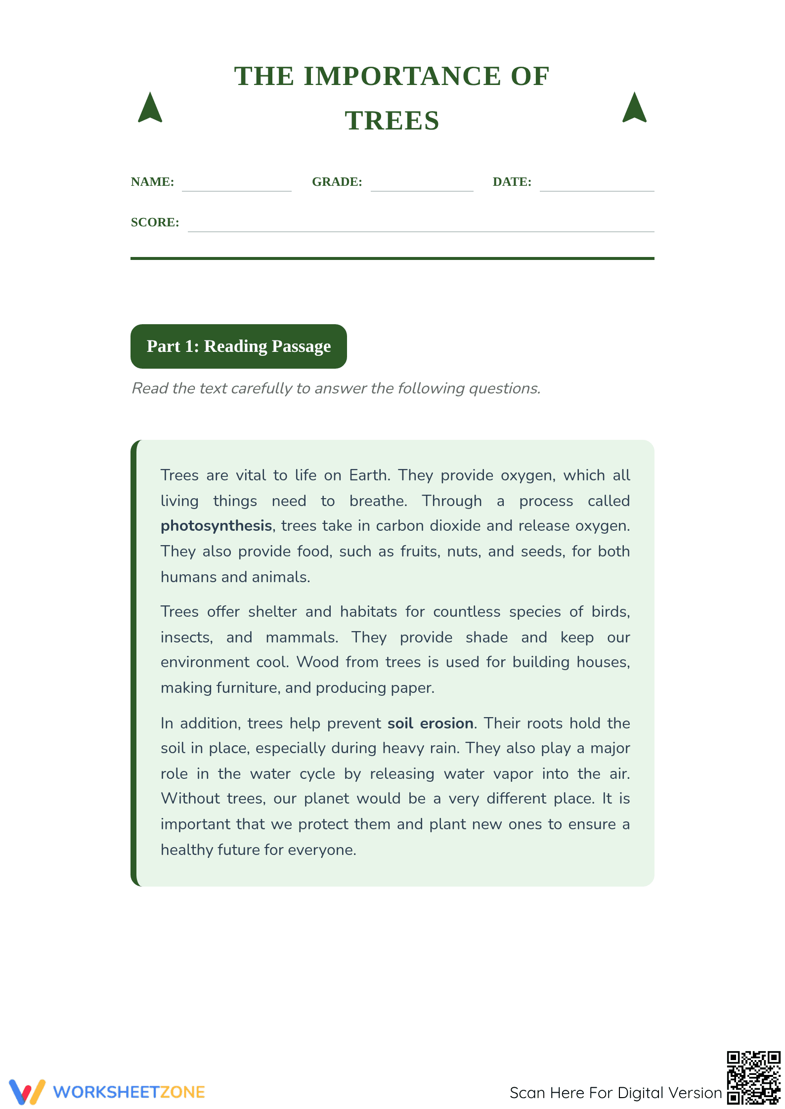 The Importance of Trees Worksheet | Essential Grade 5 ELA - Page 1
