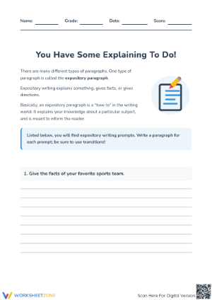 Grade 5 Expository Writing — Printable No-Prep Worksheet