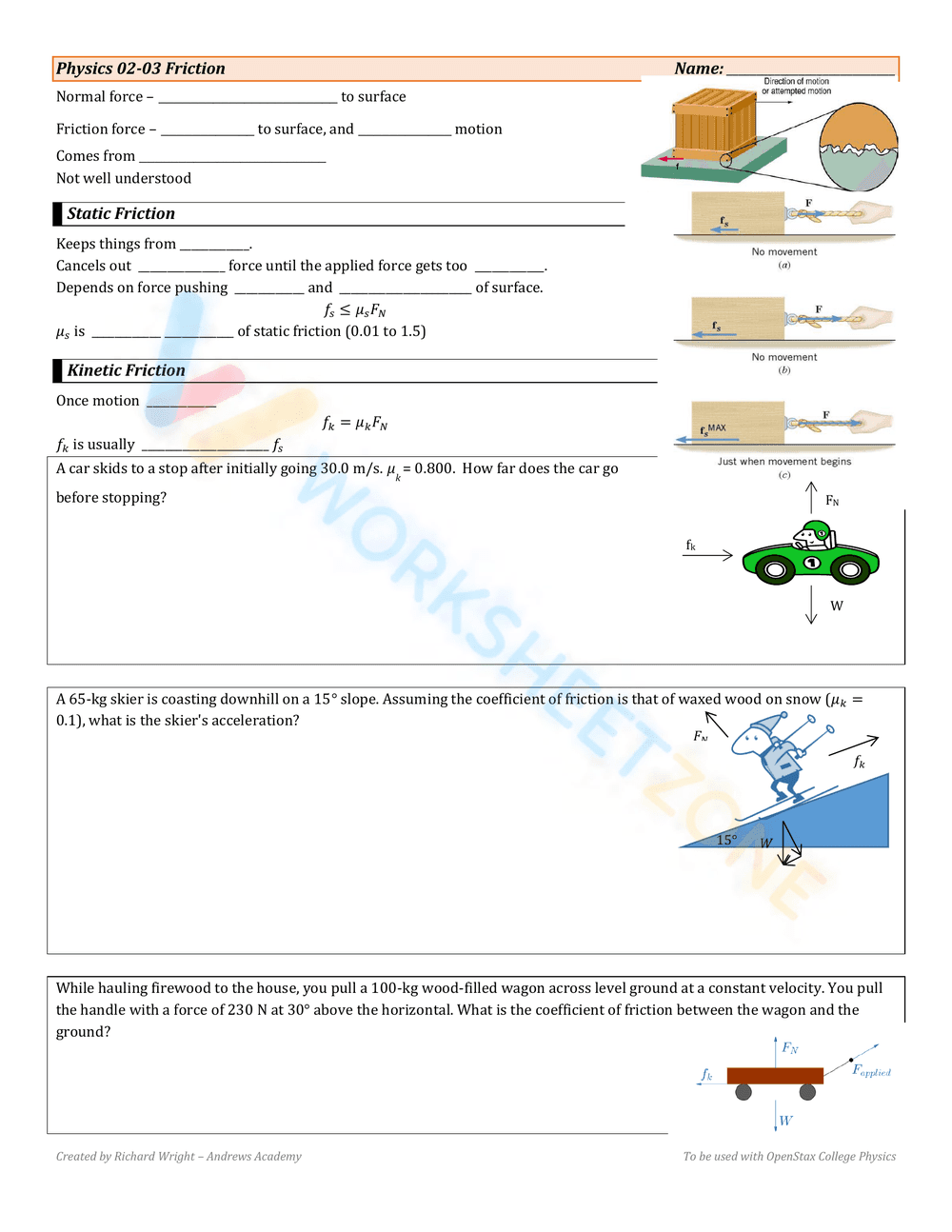 Friction Physics Worksheet | Grade 11 Science Printable - Page 1