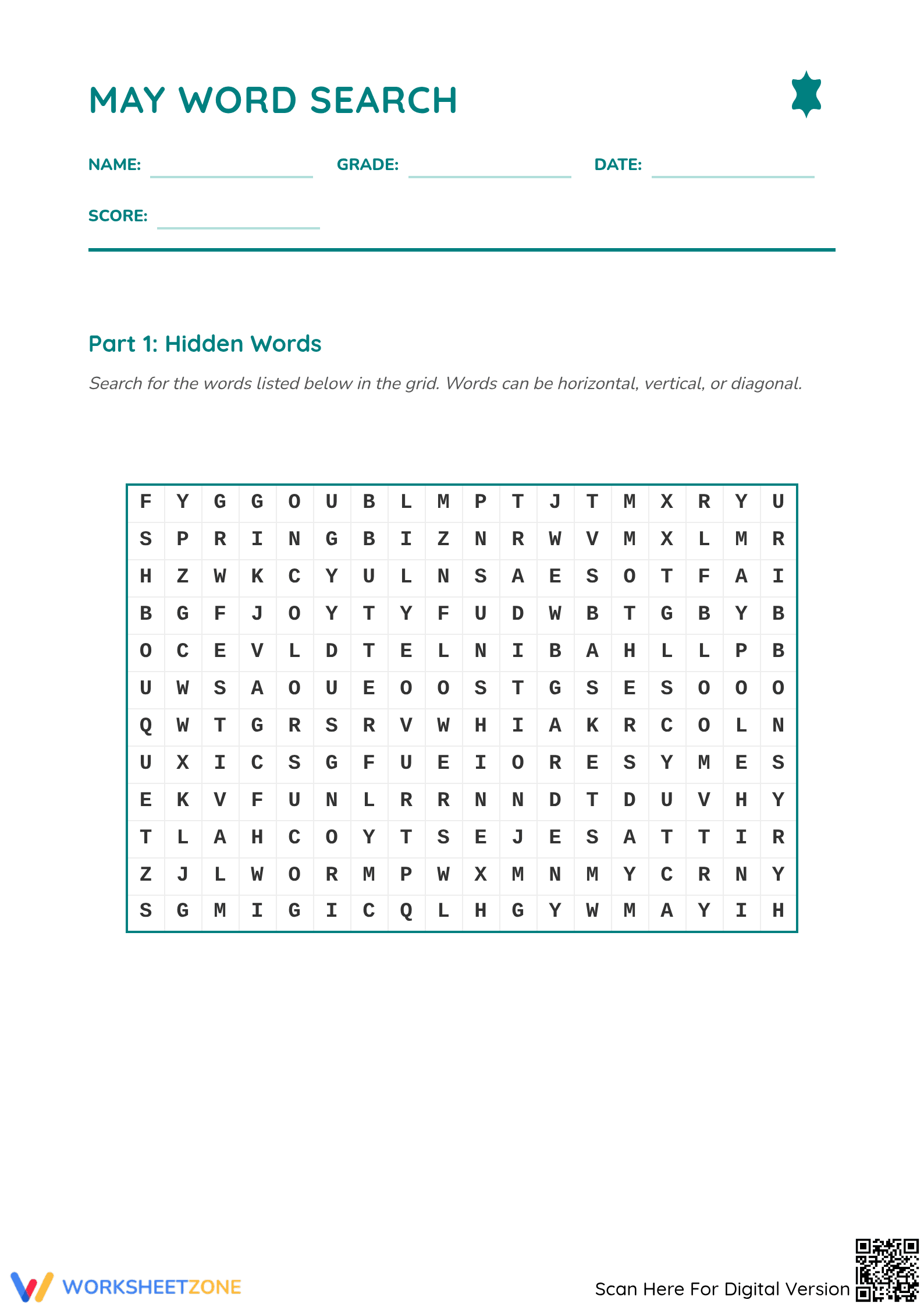 Grade 3 May Vocabulary — Printable No-Prep Worksheet - Page 1
