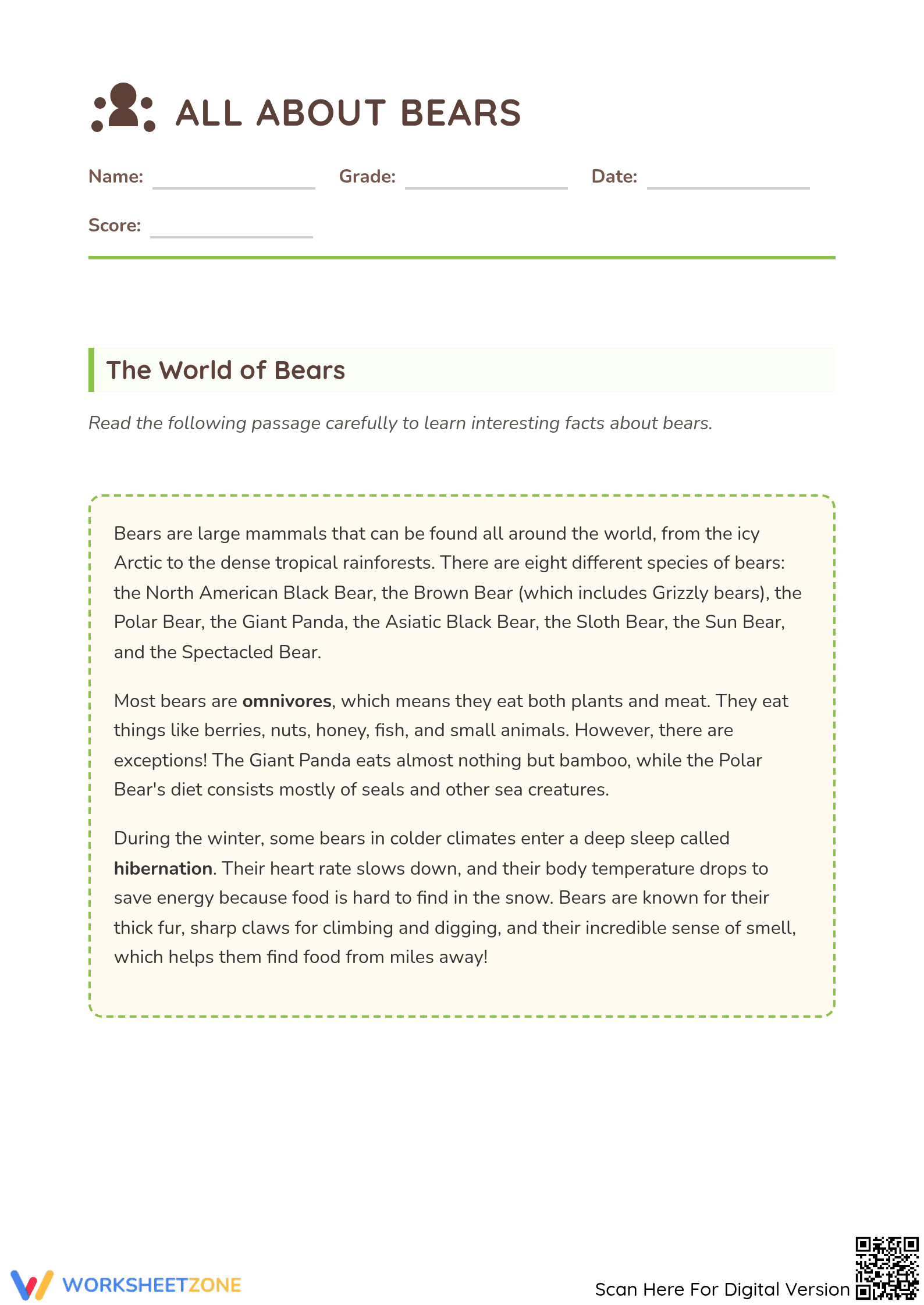Bears Reading Comprehension | Grade 3 Printable Worksheet - Page 1