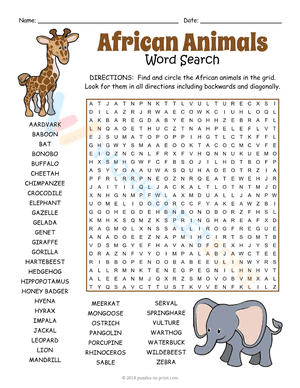 African Animals Word Search | Printable Grade 5 Worksheet