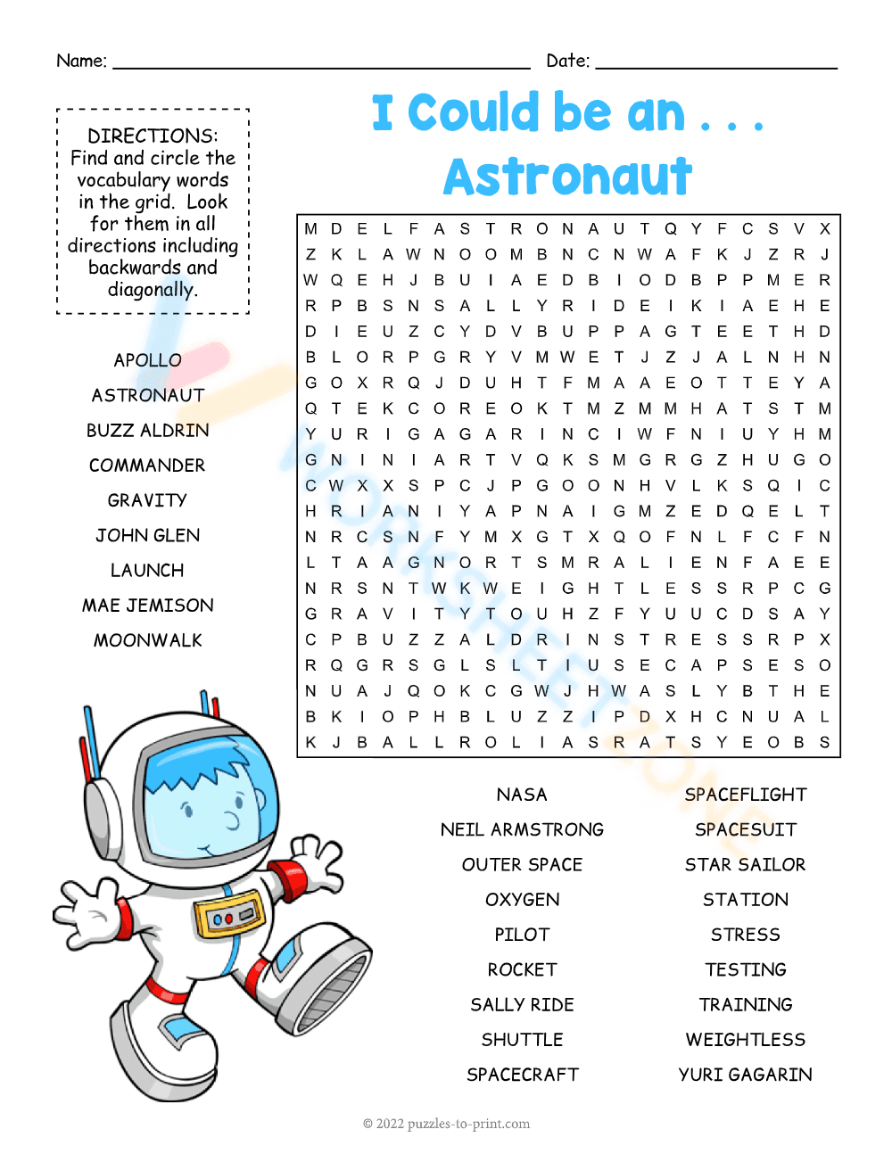 Astronaut Adventure! Word Search - Page 1