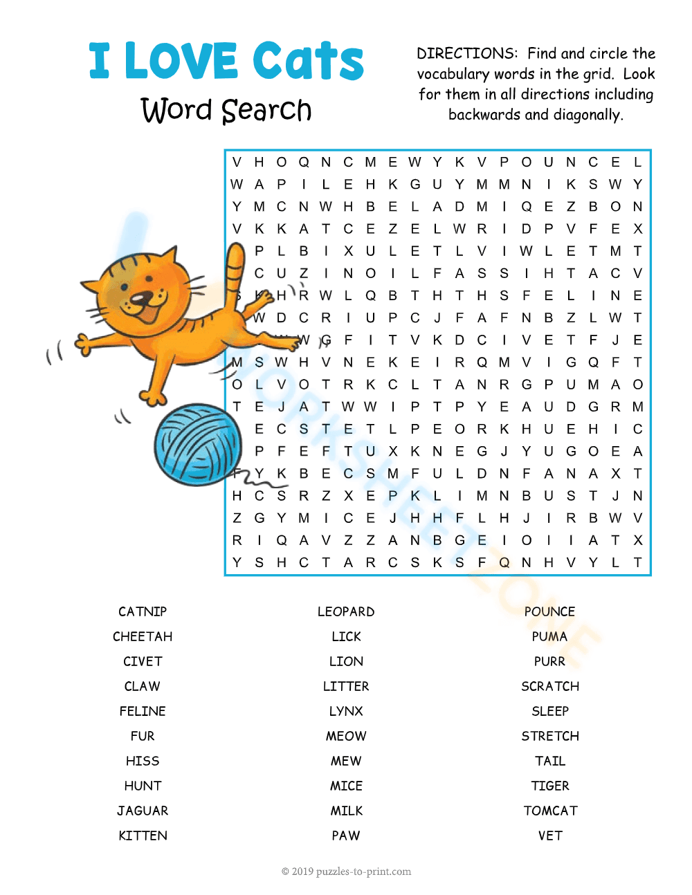 Printable Cat Word Search Worksheet | Grades 3-5 - Page 1