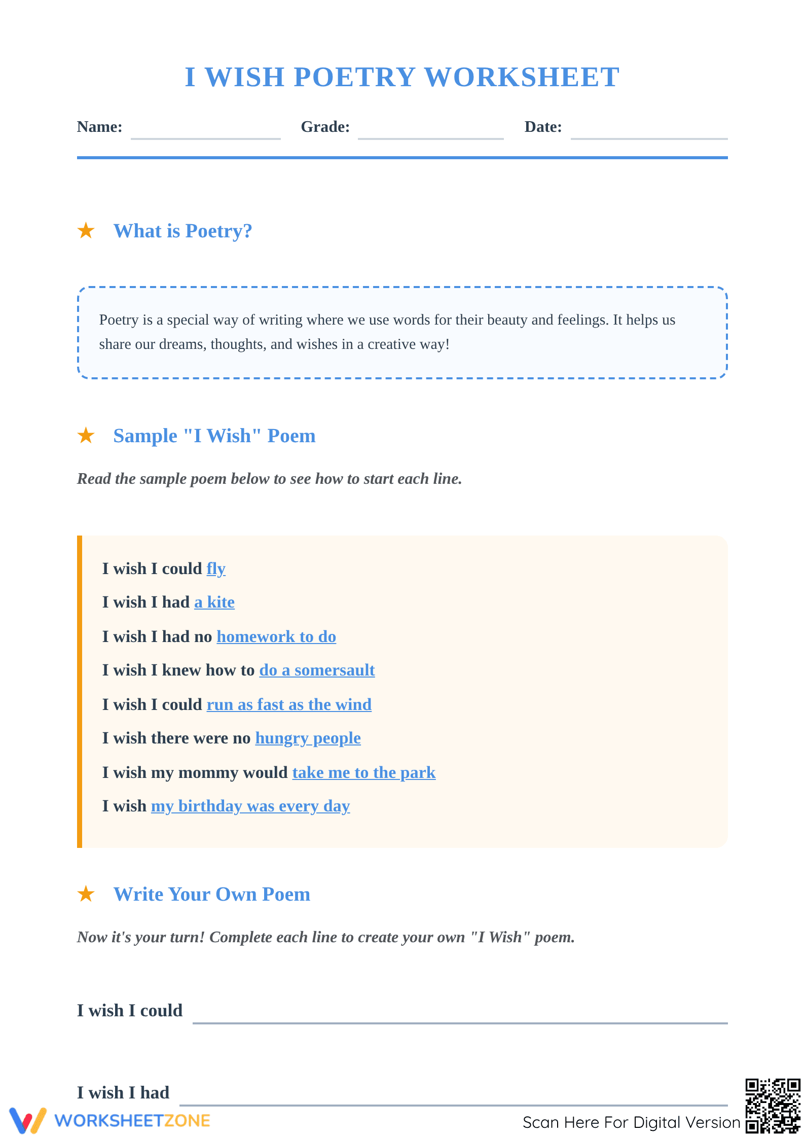 I Wish Poetry Printable Worksheet | Grade 2 ELA - Page 1