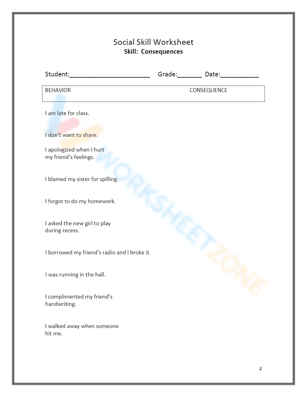 Understanding Consequences Worksheet - Page 1