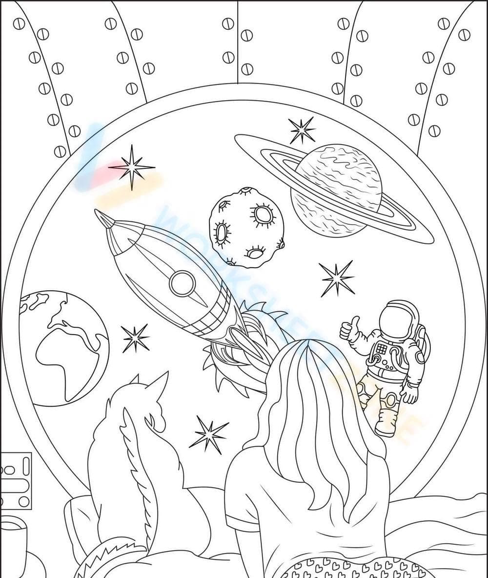 Dreamy Space Explorer Coloring Sheet - Page 1