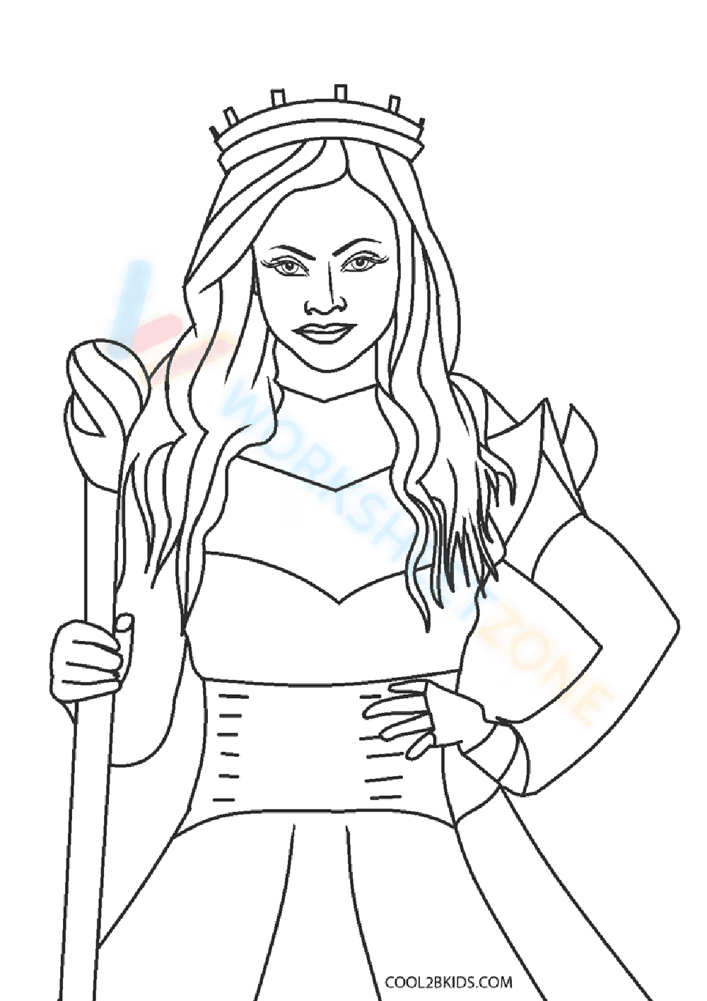 Princess with Crown and Staff Coloring Page - Page 1
