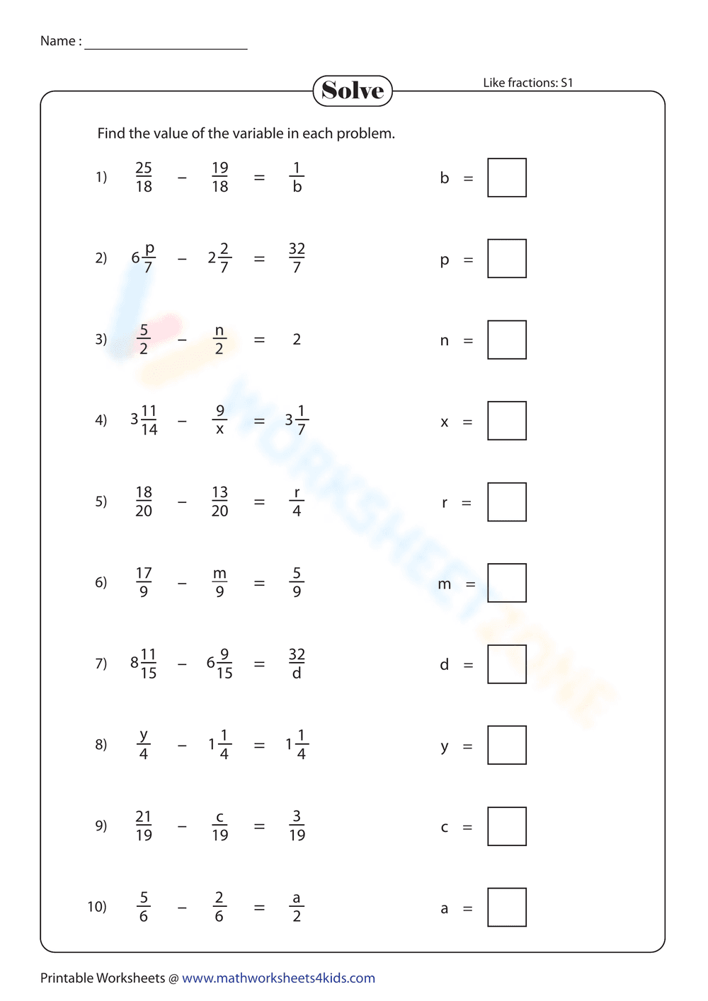 Solve Algebraic Equations Practice - Page 1