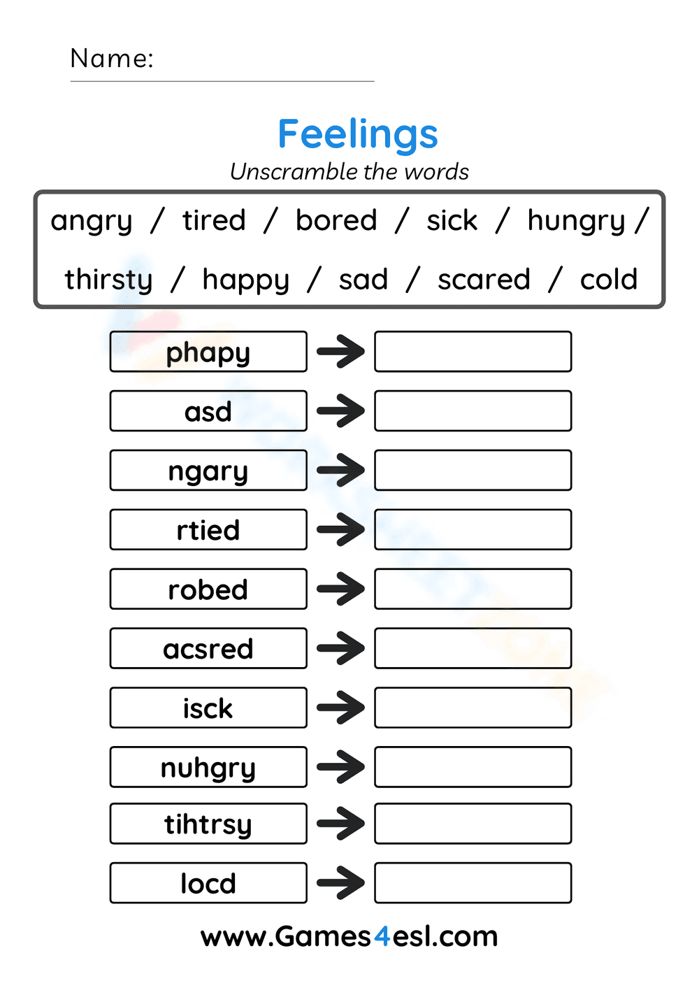 Unscramble the Words | Feelings Worksheet for Kids - Page 1