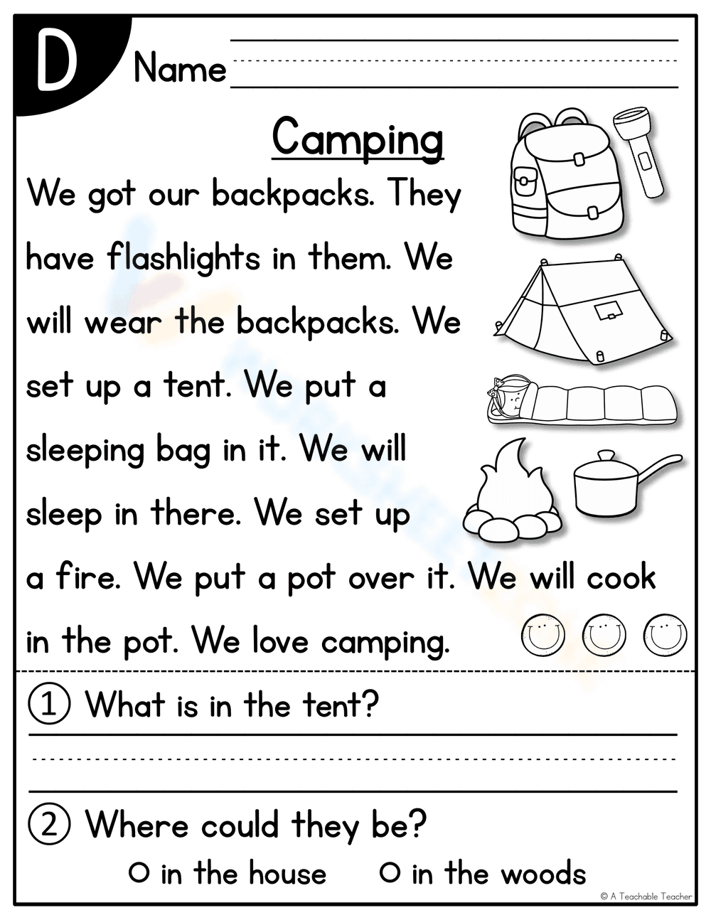Camping Worksheet for Early Learners - Page 1