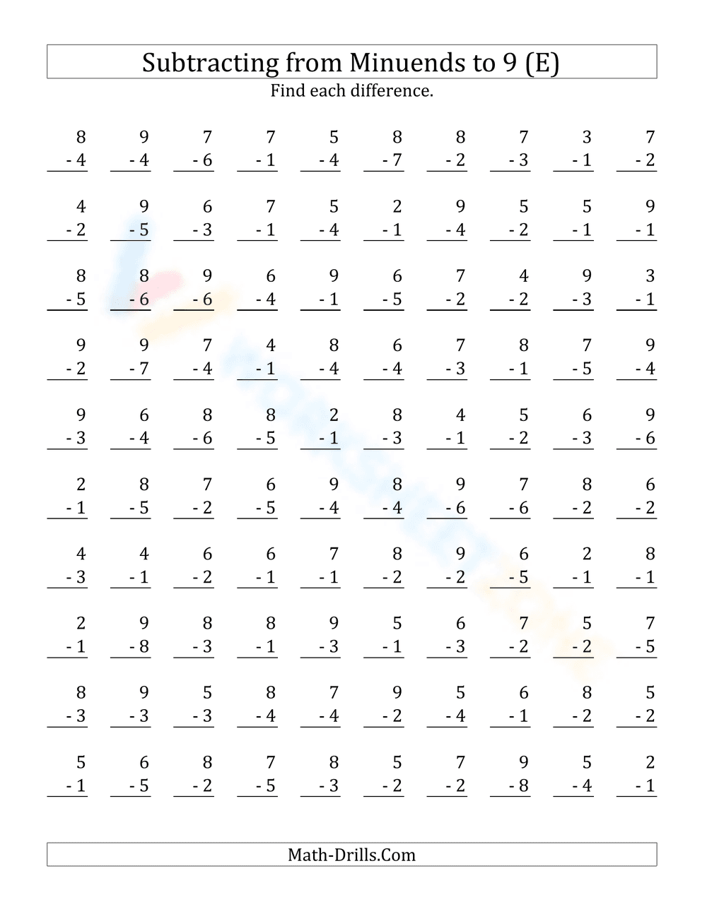 Subtracting from Minuends to 9 Worksheet - Page 1