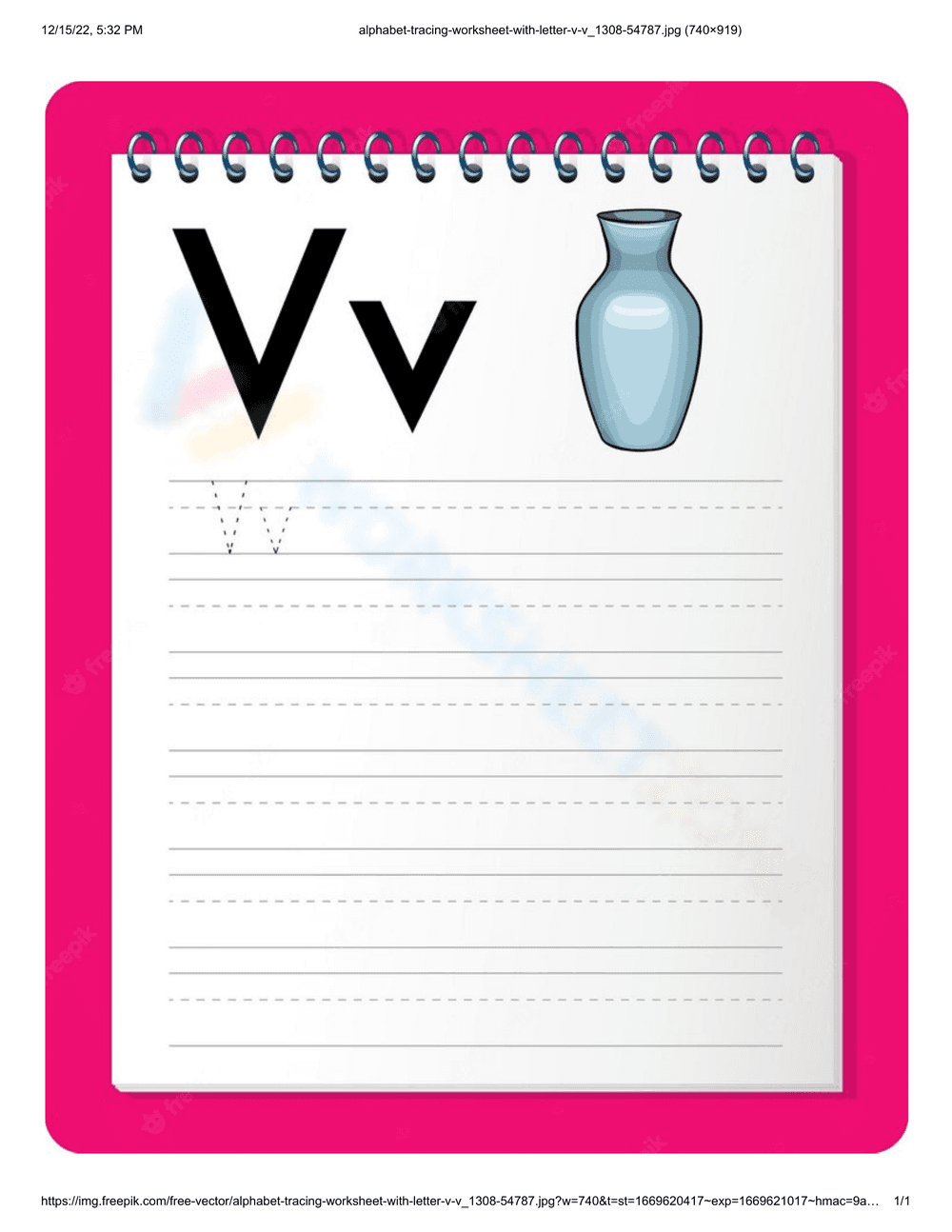 Letter V Tracing and Writing Practice Worksheet  - Page 1