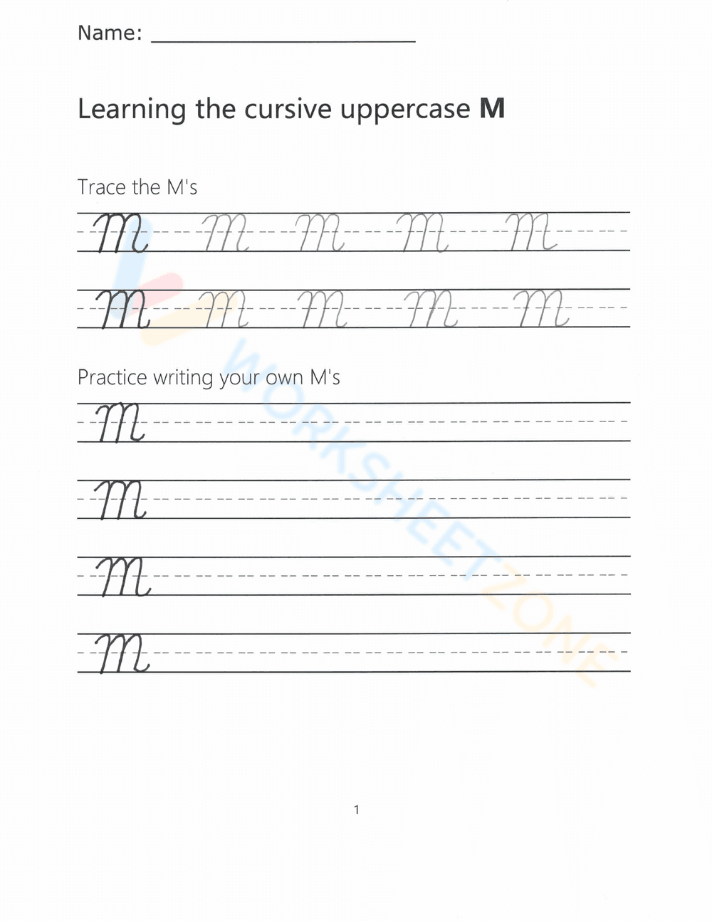 Essential Cursive M Worksheet | Grade 1-2 Printable - Page 1