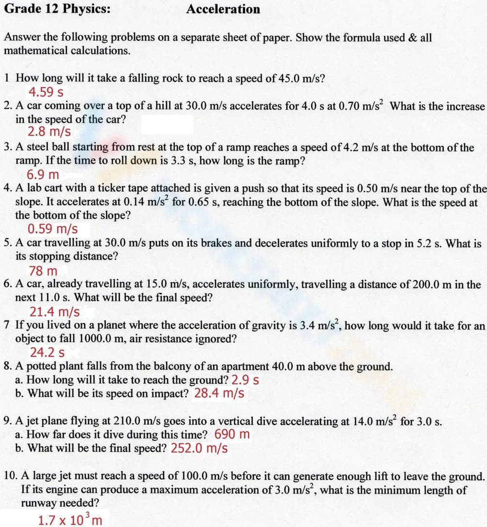 Exploring Acceleration: A Physics Practice Worksheet - Page 1