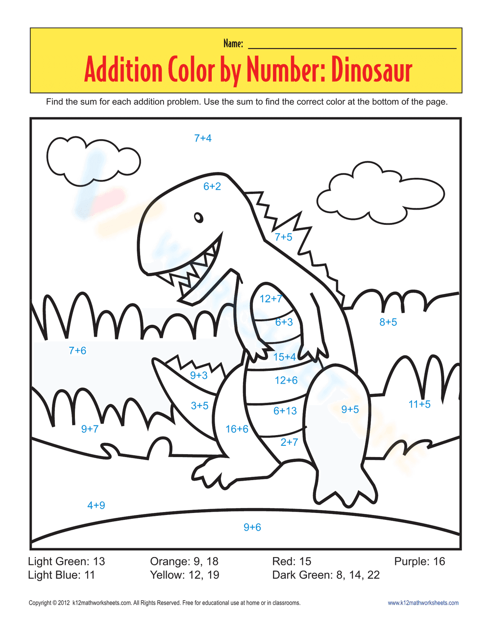 Fun Addition Color by Number Dinosaur Worksheet | Grade 1 Math - Page 1
