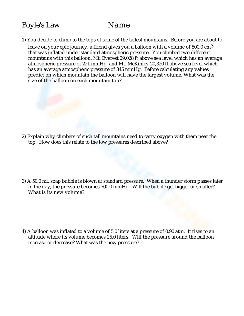 Understanding Boyle's Law: A Chemistry Worksheet - Page 1