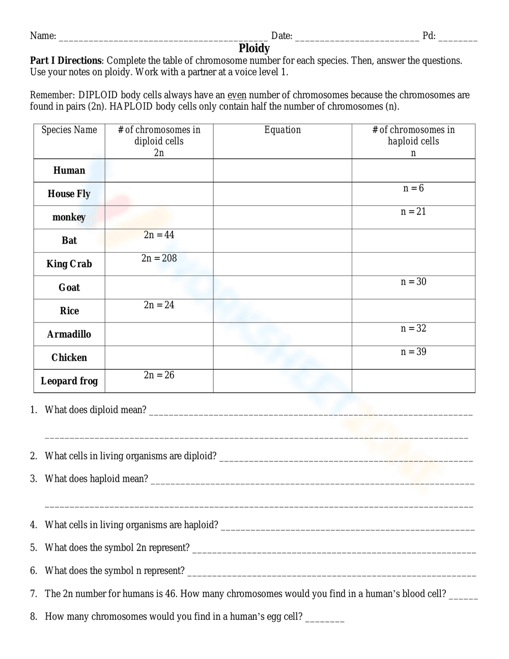 Understanding Ploidy: A Genetics Worksheet - Page 1