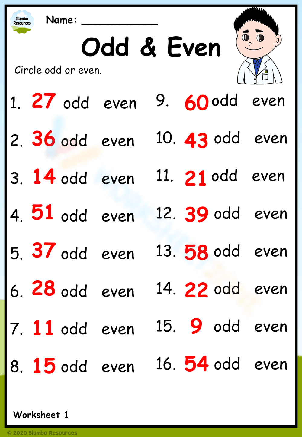 Identifying Odd and Even Numbers Worksheet - Page 1