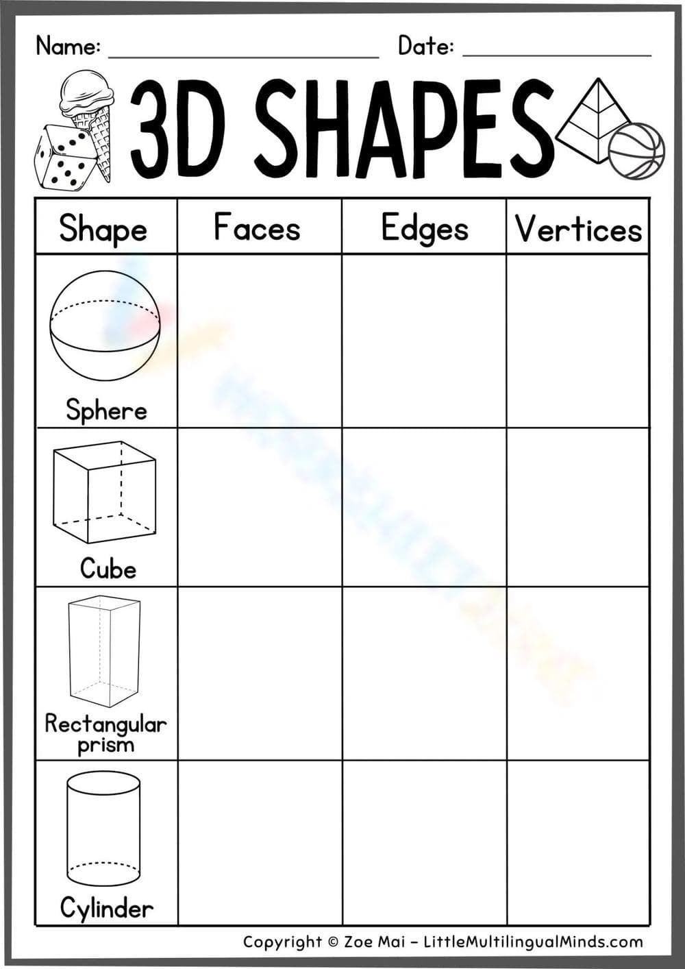 3D Shapes Identification Worksheet for Kids - Page 1
