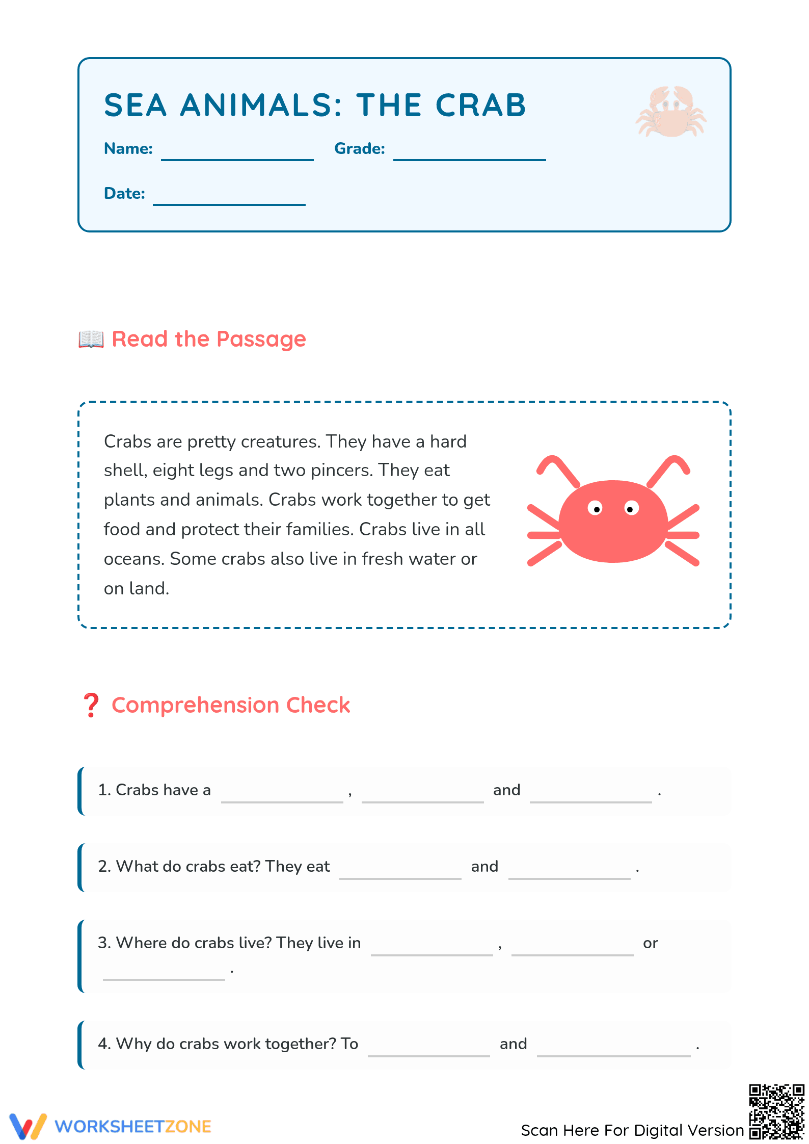 Printable Crab Reading Comprehension | Grade 3 ELA - Page 1