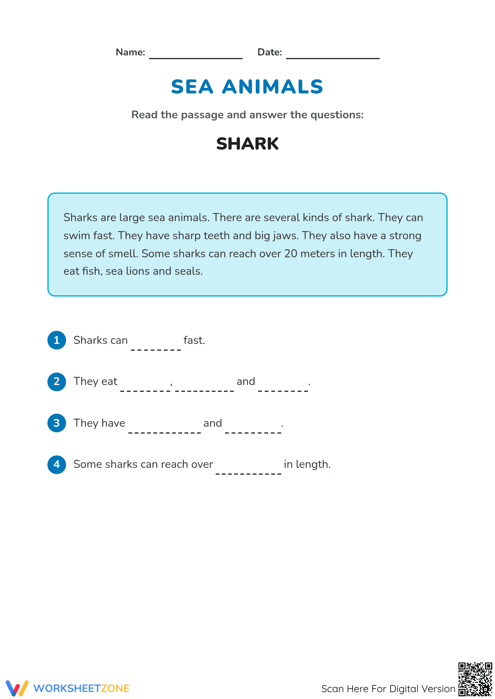 Shark Reading Comprehension — Printable Grade 3 Worksheet - Page 1
