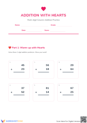 Printable Valentine Addition Worksheet: Grade 4 Math
