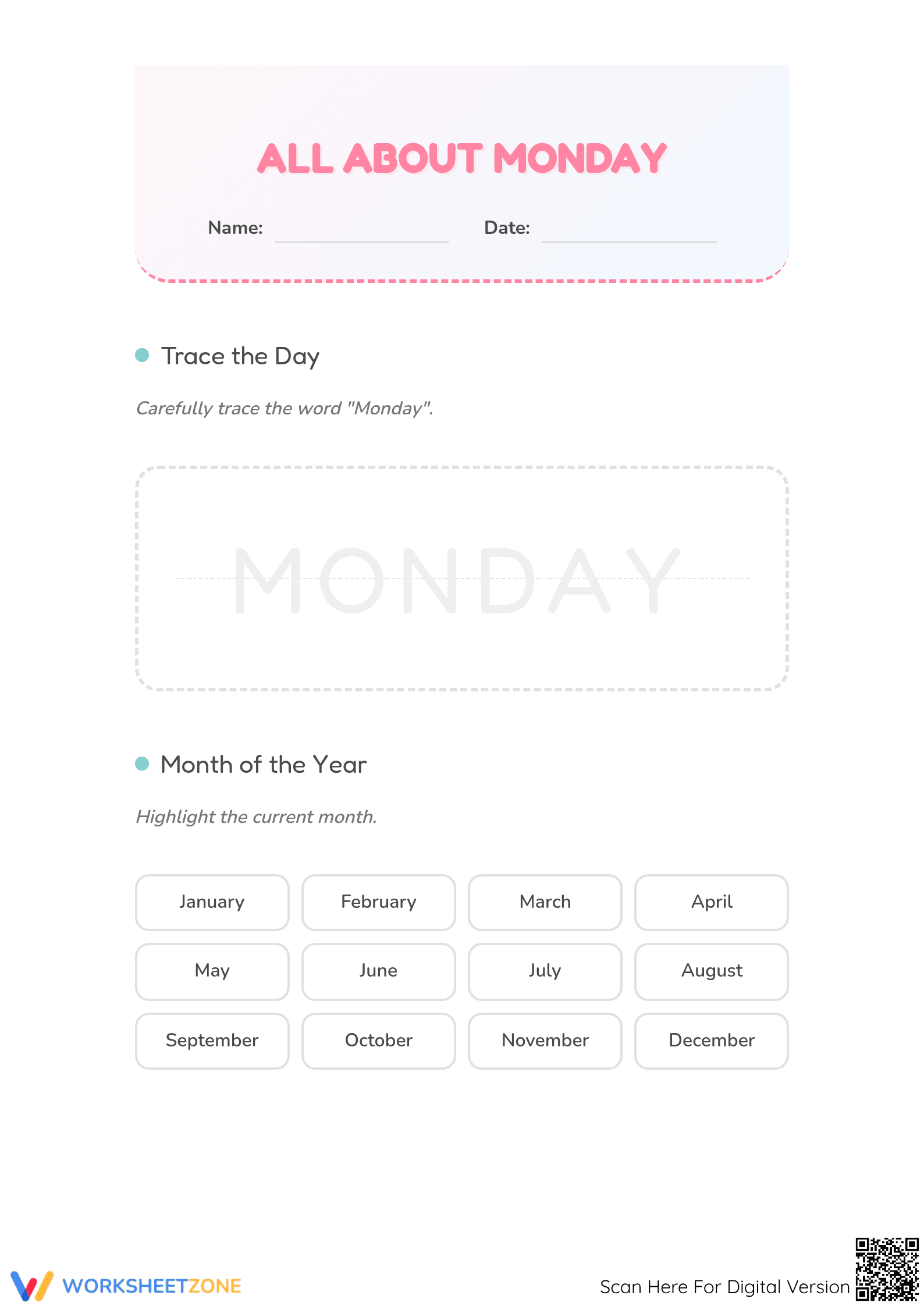 Printable Monday Calendar Skills Worksheet | Grade 1-3 - Page 1