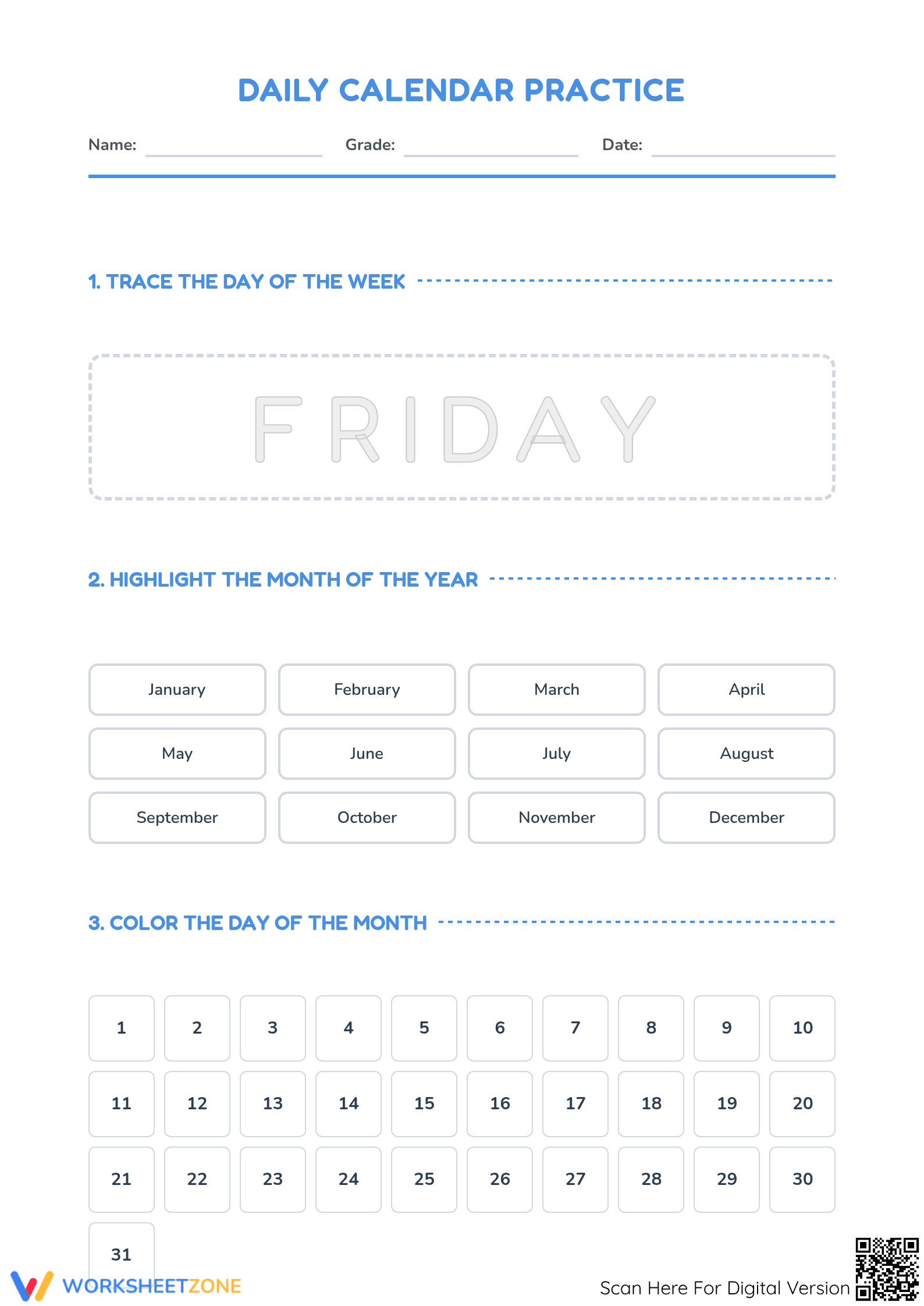 Daily Calendar Practice Worksheet | Grade 3 Printable - Page 1
