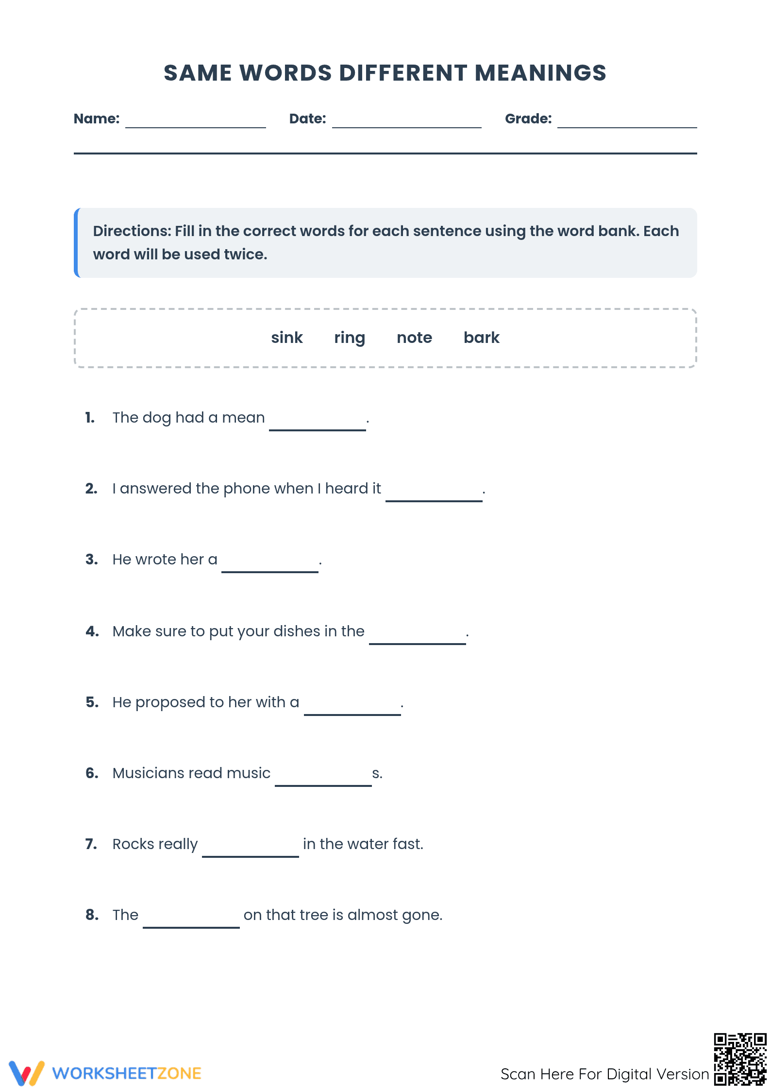 Multiple Meaning Words Worksheet | Grade 5 Essential - Page 1