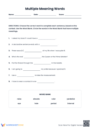 Essential Multiple Meaning Words Worksheet | Grade 5 Ready
