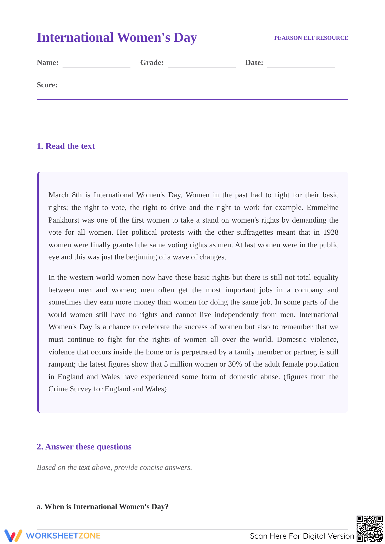 International Women's Day Worksheet | Essential ELA Guide - Page 1
