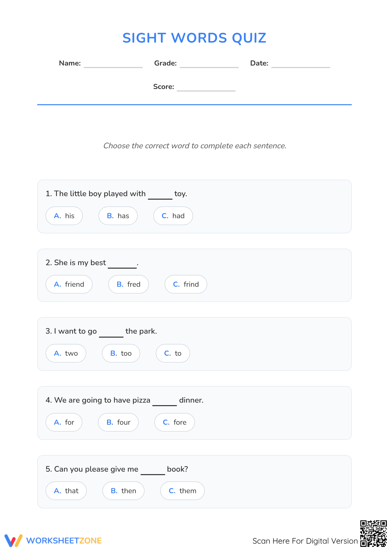 Essential Sight Words Quiz | Grade 2-3 Printable Worksheet - Page 1