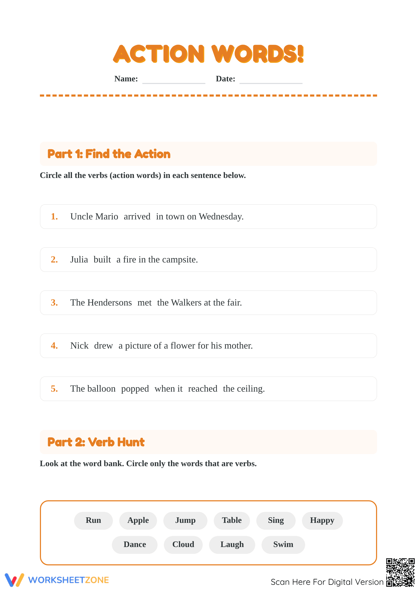 Action Verbs Worksheet | Grade 1 ELA Printable - Page 1