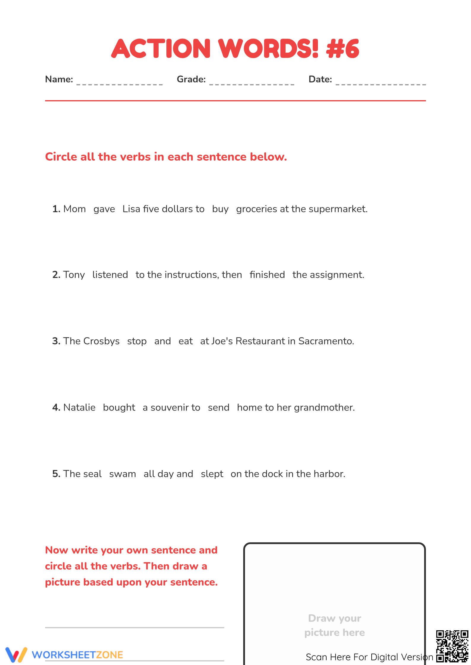 Essential Action Verbs Worksheet | Grade 2 Printable - Page 1